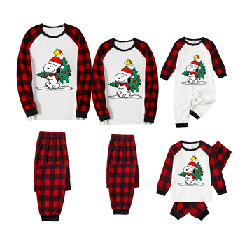 Snoopy Christmas Family Pajamas - White Top, Red Plaid Sleeves, Red Plaid Pants