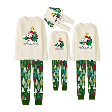 Snoopy Christmas Family Pajamas - Cream Top, Christmas Tree Print Pants