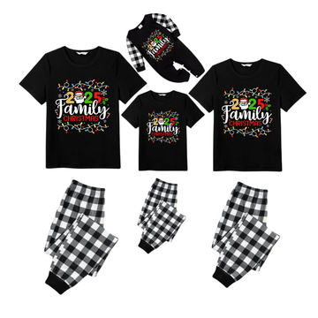 Black and White Plaid Christmas Short Sleeve Pajamas Set With Christmas Light and "2025 Family Christmas" Text Print