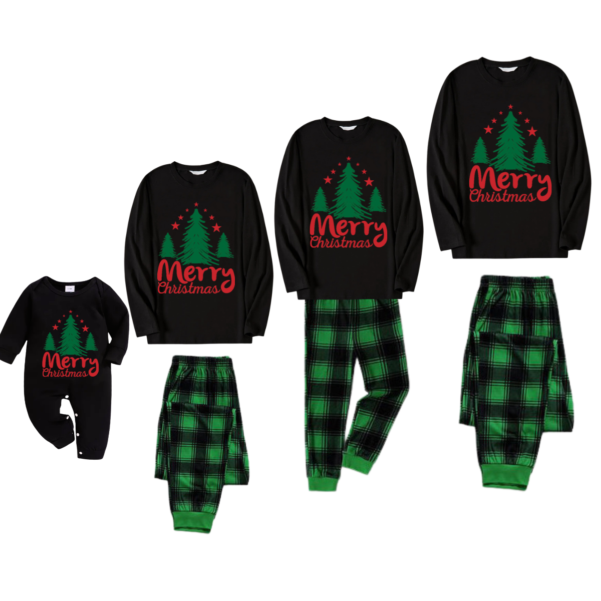 Merry Christmas Letter & Tree Printed Pattern Black Long Sleeve Top and Green & Black Plaid Pants Family Matching Pajamas