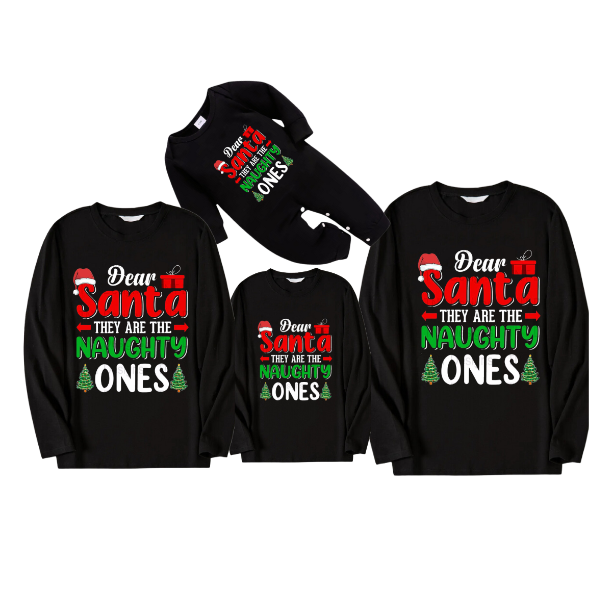 "Dear Santa They Are The Naughty Ones" Text And Santa Hat Tree Pattern Black Long Sleeve Top