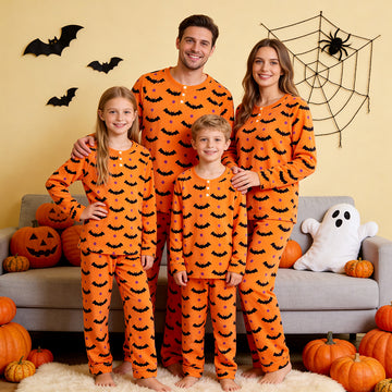 Vibrant Halloween Bat & Polka Dot Print Matching Family Pajama Set, Long Sleeve Henley Cotton Loungewear