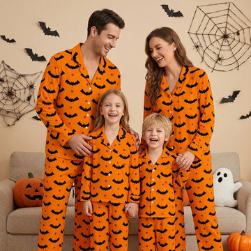Vibrant Halloween Bat & Polka Dot Print Matching Family Pajama Set, Button-Down Cotton Loungewear