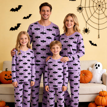 Whimsical Halloween Bat & Star Print Matching Family Pajama Set, Long Sleeve Henley Cotton Loungewear