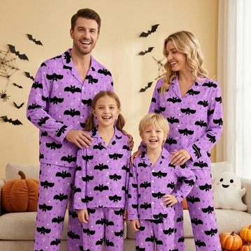 Magical Halloween Starry Bat Print Matching Family Pajama Set, Button-Down Cotton Loungewear