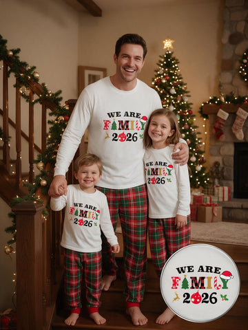 Family Matching 2026 Christmas Pajamas Set We Are Family Festive Graphic White Long Sleeve Top and Red Green Plaid Pants Cozy Holiday Sleepwear for Whole Family