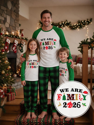 Two Piece Set Family Matching Christmas Pajamas 2026 We Are Family Santa Hat Pine Tree Ornament Print Raglan Top Green Plaid Long Pants Family Sleepwear