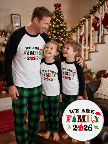 Family Matching 2026 Christmas Pajamas Set We Are Family Christmas Element Letter Print Raglan Long Sleeve Top & Green Plaid Pants Matching Sleepwear for Family of 3 Perfect for Holiday Family Photos and Christmas Morning