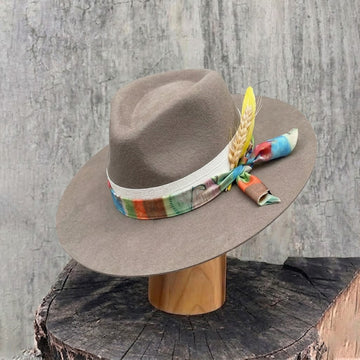 Camel Felt Hat - Custom Fabric with Wheat & Feathers