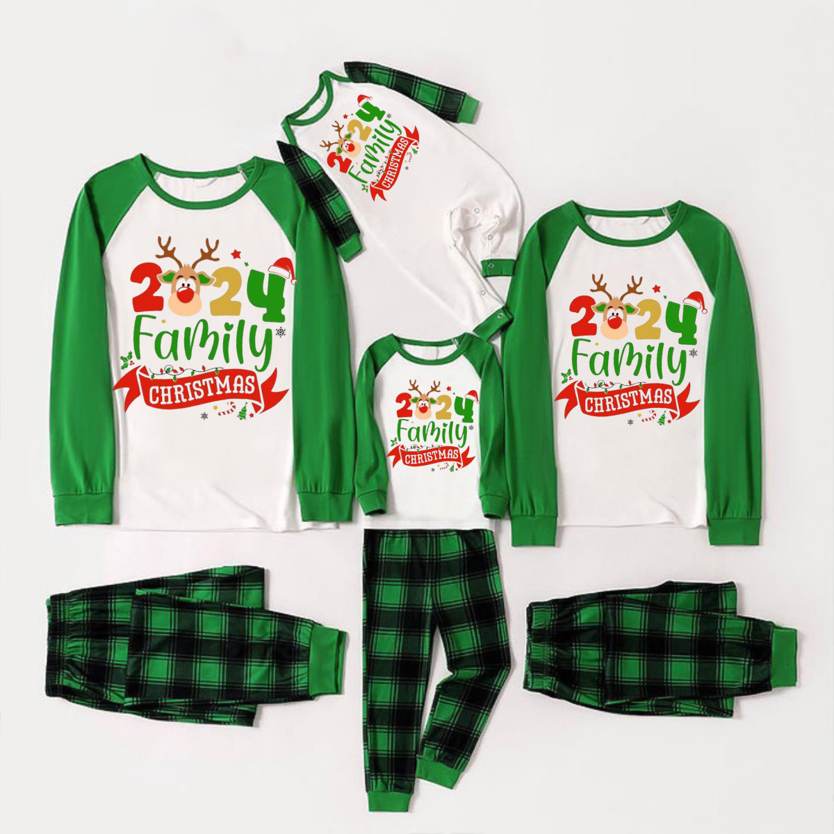 Cute Deer and Family Christmas 2024 Print Long Sleeve Top With Green & Black Plaid Christmas Matching Pajamas