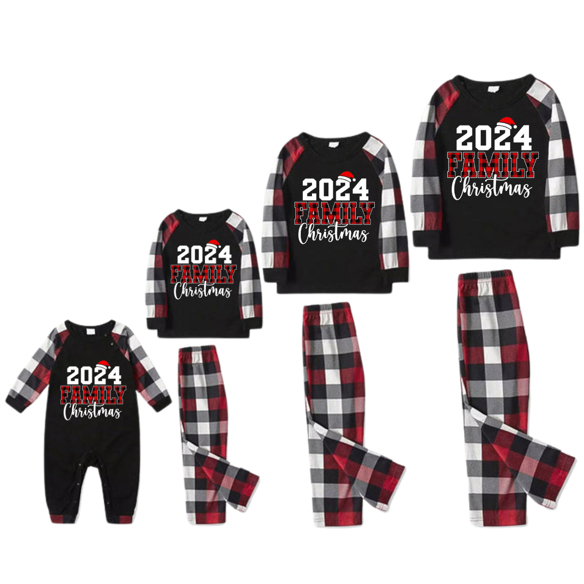 "2024 FNMILY Christmas " White and Red Text Printed Pattern - Black Top with Red&Black&White Plaid Sleeves - Family Matching Pajamas