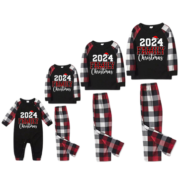 "2024 FNMILY Christmas " White and Red Text Printed Pattern - Black Top with Red&Black&White Plaid Sleeves - Family Matching Pajamas