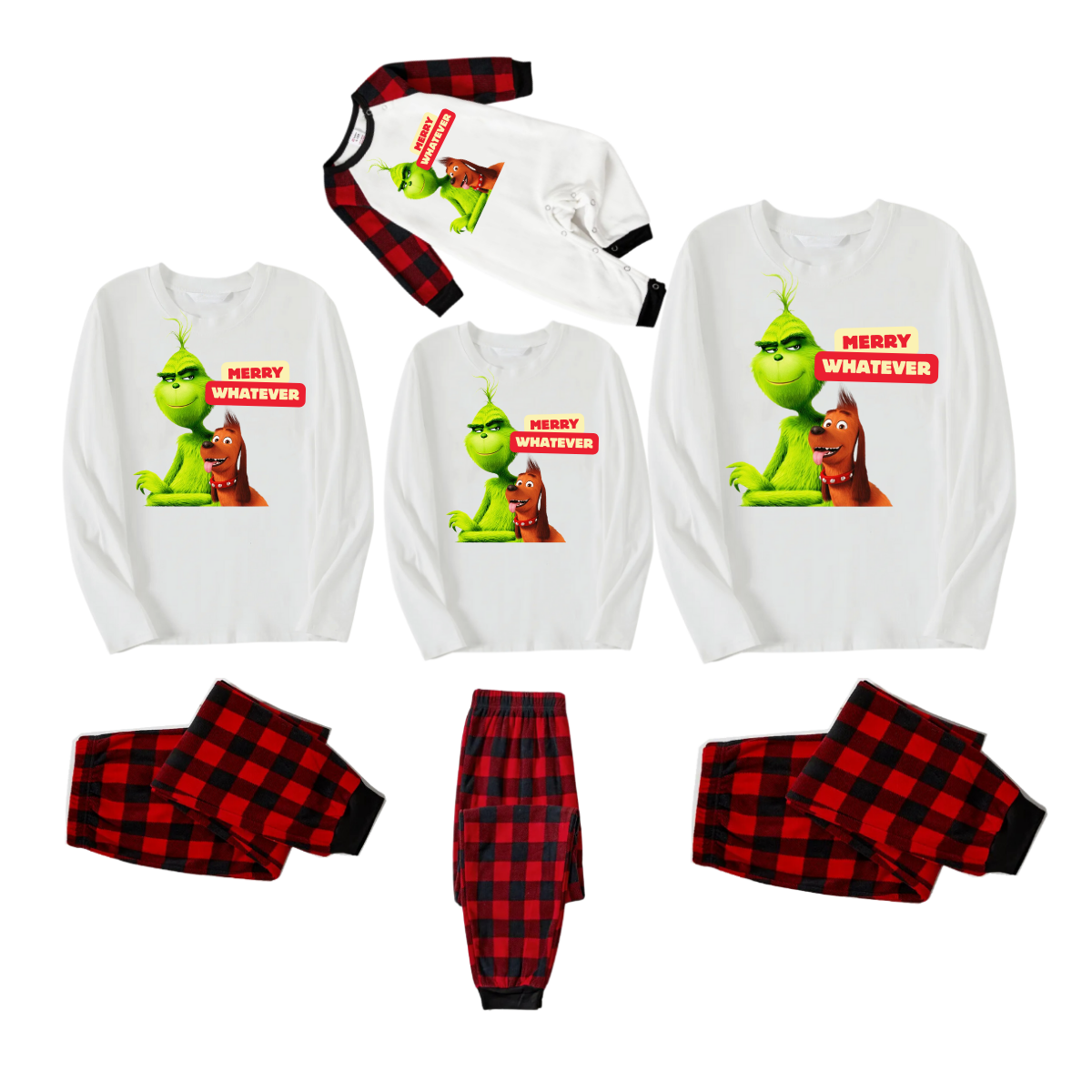 Christmas Cartoon Pattern and "Merry Whatever" Printed Red & Black Plaid Family Matching Pajamas