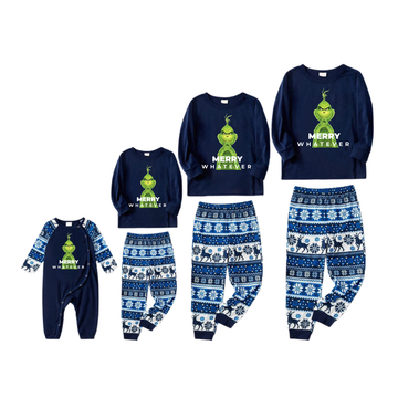 Cute Cartoon Pattern and "Merry Whatever" Slogan Printed Blue Top Navy Blue Plaid Pants Family Matching Pajamas