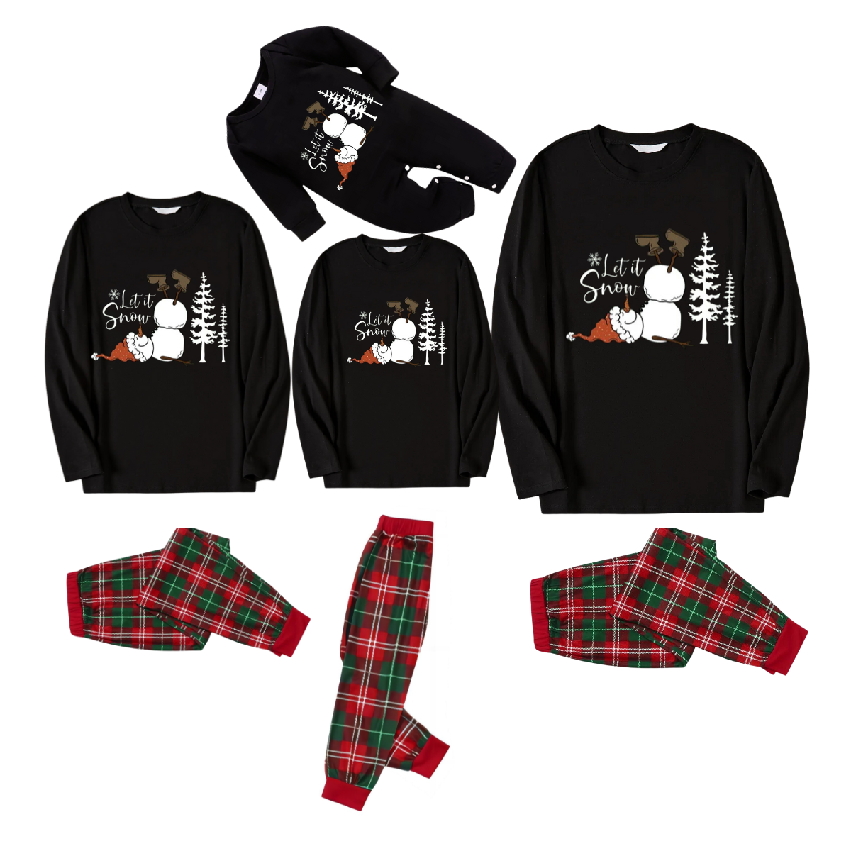 "Let it Snow" Text and Snowman Printed Red and Green Plaid Family Matching Pajamas