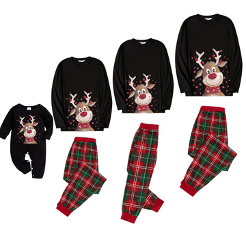 Cute Deer Pattern Black Top Red and Green Plaid Family Matching Pajamas