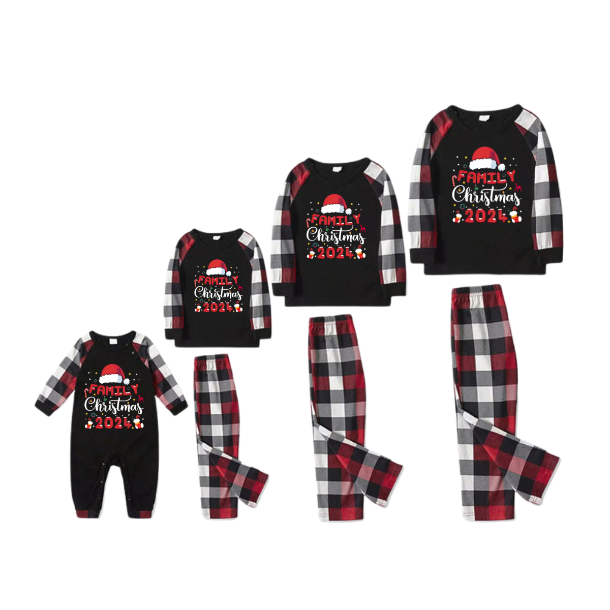 "Family Christmas 2024" with Santa Hat Pattern Ⅱ- Red&Black&White Plaid  Matching Pajamas