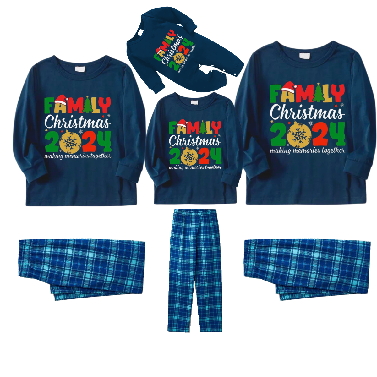 "Family Christmas 2024" Cute Text and Santa Hat Prints Blue Long Sleeve Top With Blue Plaid Family Matching Pajamas