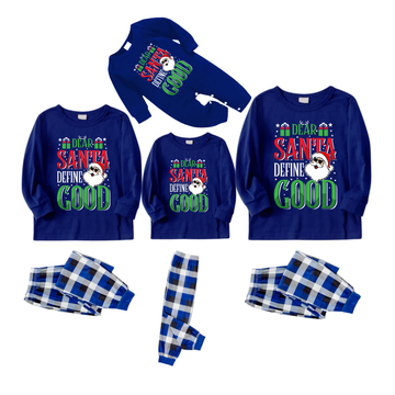 "Dear Santa Define Good" Text Printed Blue and White Plaid Family Matching Pajamas