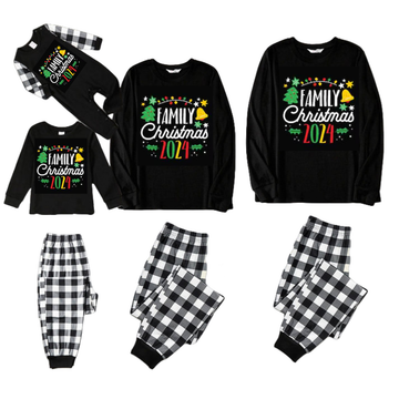 "Family Christmas 2024" and Joyful Pattern Prints Black and White Plaid Family Matching Pajamas