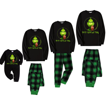 'I Hate People But I love My Dog' Text With Green Cartoon Characters and Dog Pattern Black Top Green Plaid Pants Family Matching Pajamas