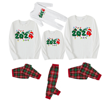 "2024" Text and Christmas Light Printed Red & Green Plaid Family Matching Pajamas