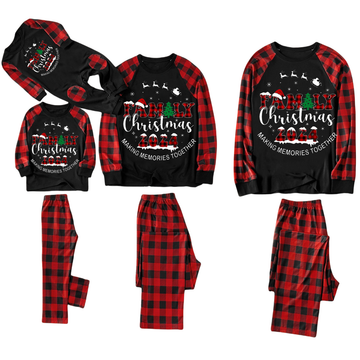 Cute Elk and "2024 Family Christmas" Text Print Black & Red Plaid Christmas Matching Pajamas