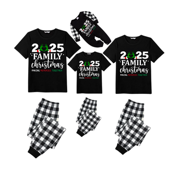 Family Christmas 2025 Pajamas Set - Black Top Black and White Plaid Pants Santa Hat and Ornaments Graphic