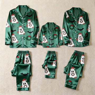 Green Ghost & Wreath Print Satin Button-Up Family Halloween Pajamas Set