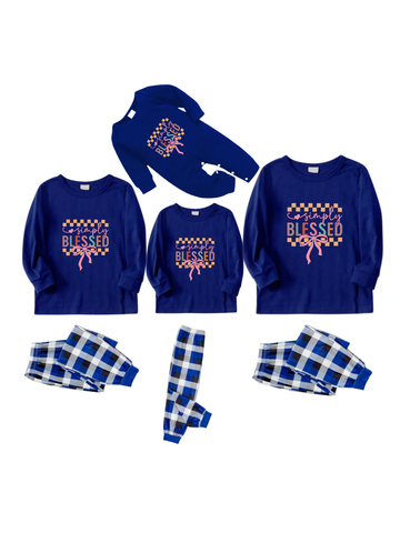 Simply Blessed Colorful Letter Printed Blue&White Plaid Matching Pajamas