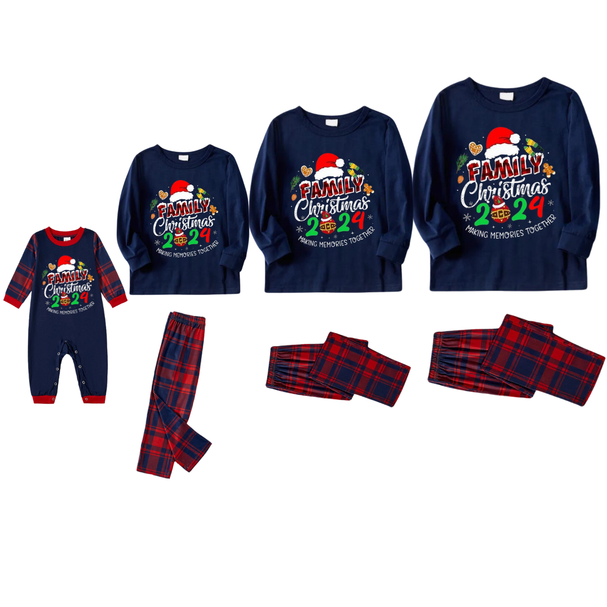 "Family Christmas 2024" Text and Santa Hat Prints Blue Long Sleeves Top with Red and Blue Plaid Pants Christmas Matching Pajamas