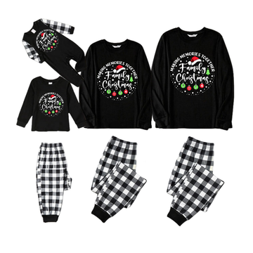 "MAKING MEMORIES TOGETHER FAMILY CHRISTMAS 2024" Text Pattern - Black Long Sleeve Top with Black And White Plaid Pants Family Matching Pajamas