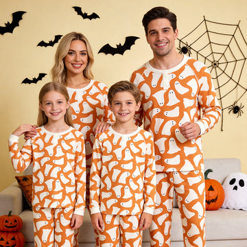 Playful Halloween Ghost Print Matching Family Pajama Set, Long Sleeve Henley Cotton Loungewear