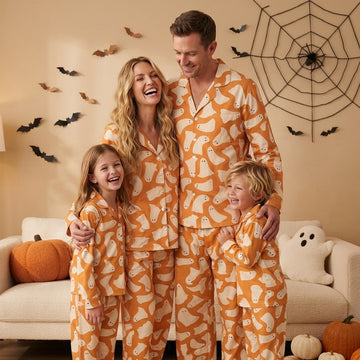 Cute Halloween Ghost Print Matching Family Pajama Set, Button-Down Cotton Loungewear