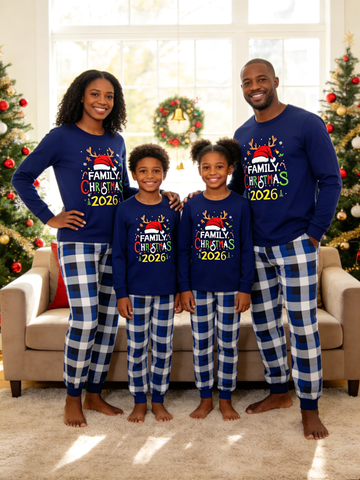 Family Matching Christmas Pajama Set 2026, Navy Christmas Letter Print Long‑Sleeve Top, Blue White Plaid Pants With Pockets, Cozy Holiday Family Sleepwear for Xmas Photos