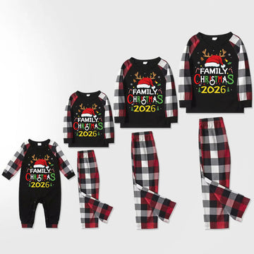 Family Christmas Shirts Santa Hat Christmas Deer Patterned and 'FAMILY CHRISTMAS 2026  ' Letter Print Contrast Tops and Red & Black & White Plaid Pants Family Matching Pajamas Set With Dog Bandana