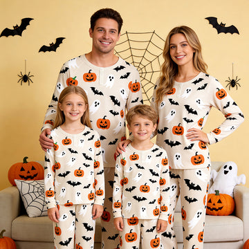 Classic Halloween Pumpkin, Ghost & Bat Print Matching Family Pajama Set, Long Sleeve Henley Cotton Loungewear