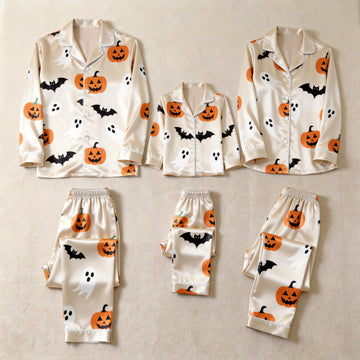 Cream Pumpkin Ghost & Bat Print Satin Button-Up Family Halloween Pajamas Set