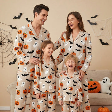 Classic Halloween Pumpkin, Ghost & Bat Print Matching Family Pajama Set, Button-Down Cotton Loungewear