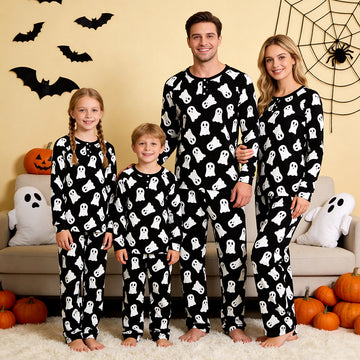 Spooky Halloween Ghost Print Matching Family Pajama Set, Long Sleeve Henley Cotton Loungewear