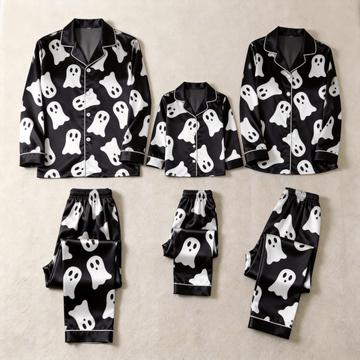 Black Ghost Print Satin Button-Up Family Halloween Pajamas Set