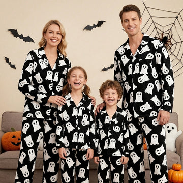 Classic Halloween White Ghost Print Matching Family Pajama Set, Button-Down Cotton Loungewear