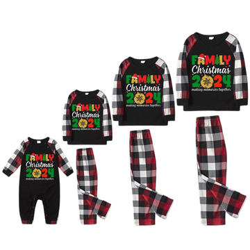 "FNMILY Christmas 2024 "Colorful Text Printed Pattern Black Top with Red&Black&White Plaid Sleeves Family Matching Pajamas