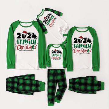 Santa Hat and Family Christmas 2024 Print Long Sleeve Top With Green & Black Plaid Christmas Matching Pajamas