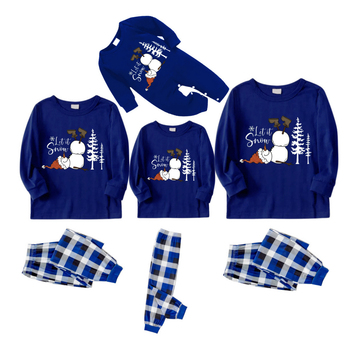 "Let it Snow" Text and Snowman Printed  Blue and White Plaid Family Matching Pajamas