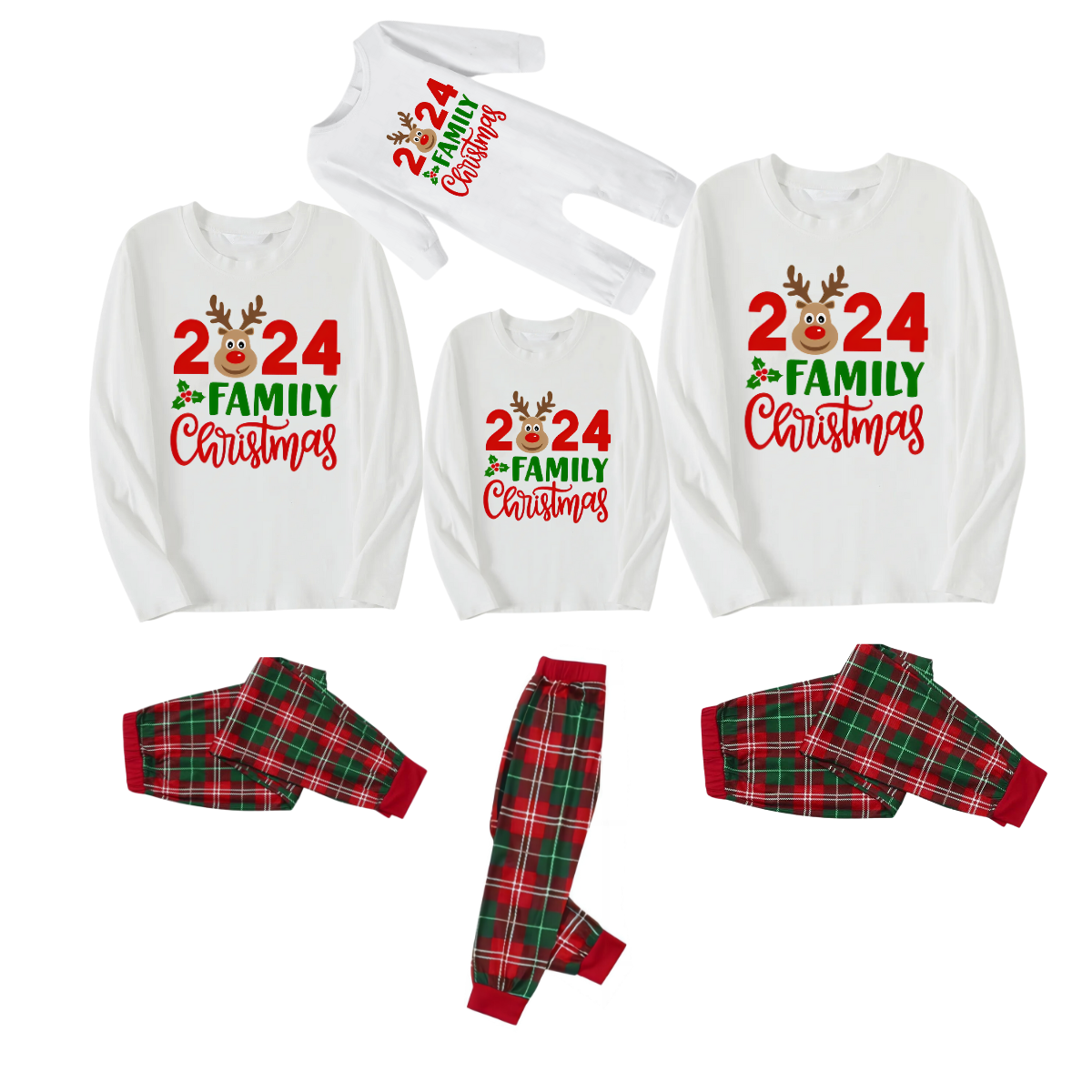 "2024 Family Christmas" and Deer Printed Red & Green Plaid Family Matching Pajamas