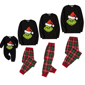 Cute Cartoon Face Pattern Black Top Red and Green Plaid Family Matching Pajamas