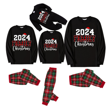 "2024 Family Christmas" Text Printed Red and Green Plaid Christmas Family Matching Pajamas