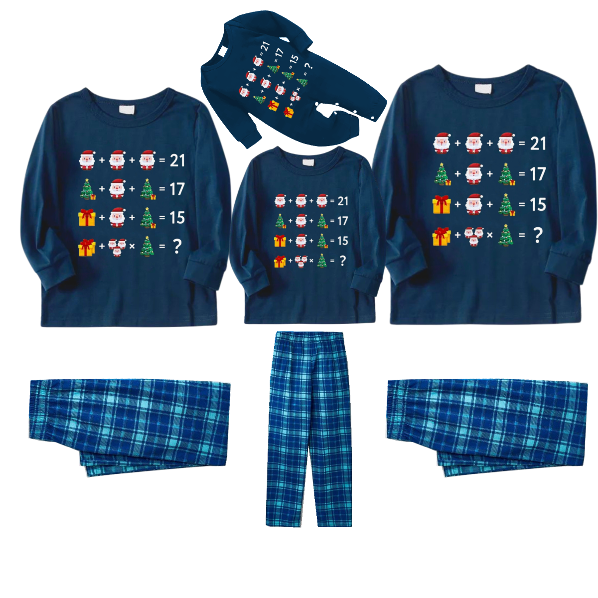 Christmas Cute Arithmetic Pattern Blue Long Sleeve Top With Blue Plaid Family Matching Pajamas