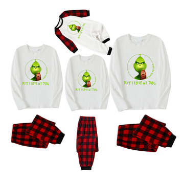 Cartoon Pattern and "I hate people but I love my dog" Text Printed Red & Black Plaid Family Matching Pajamas